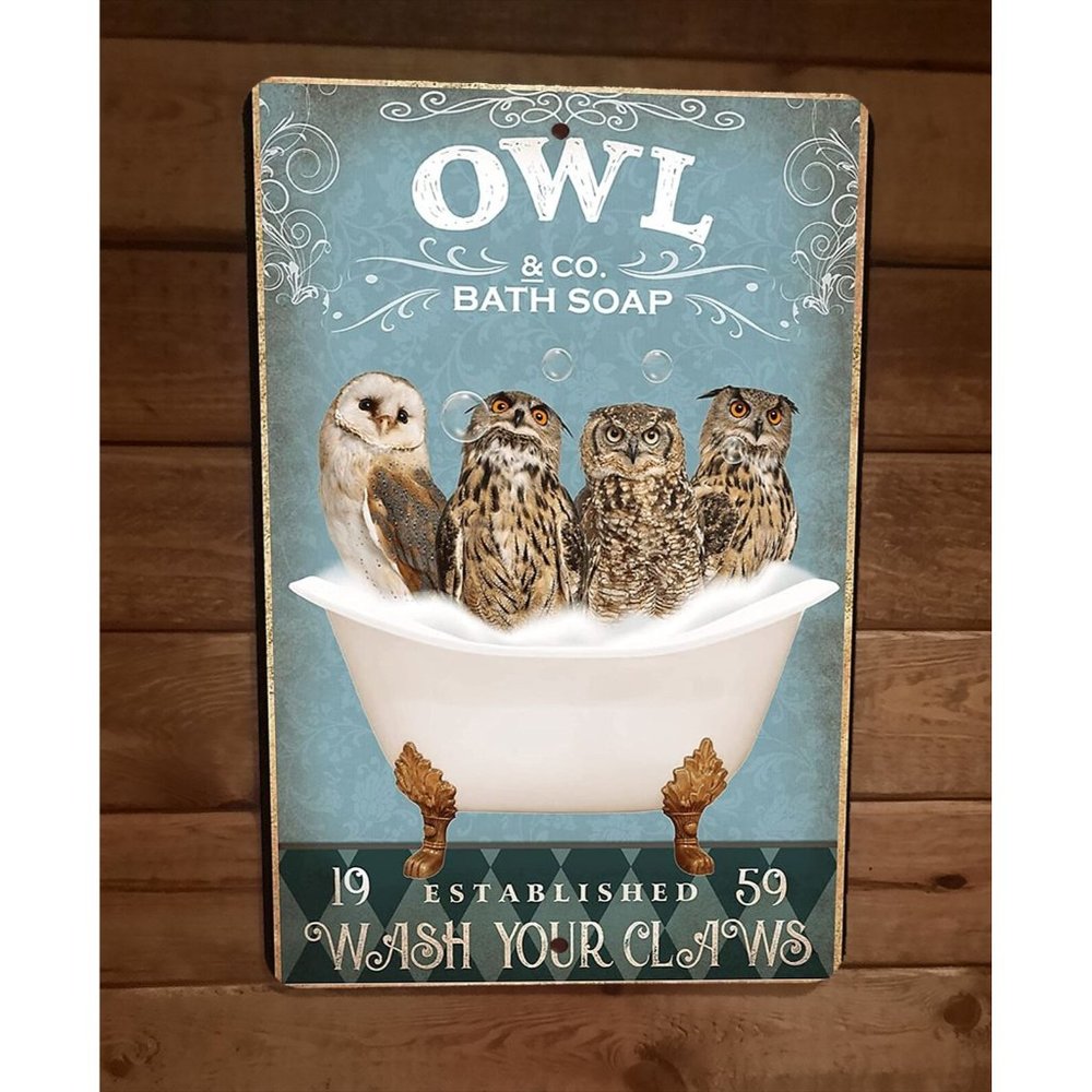 Owl Bath Soap 8x12 Metal Wall Sign Animal Poster